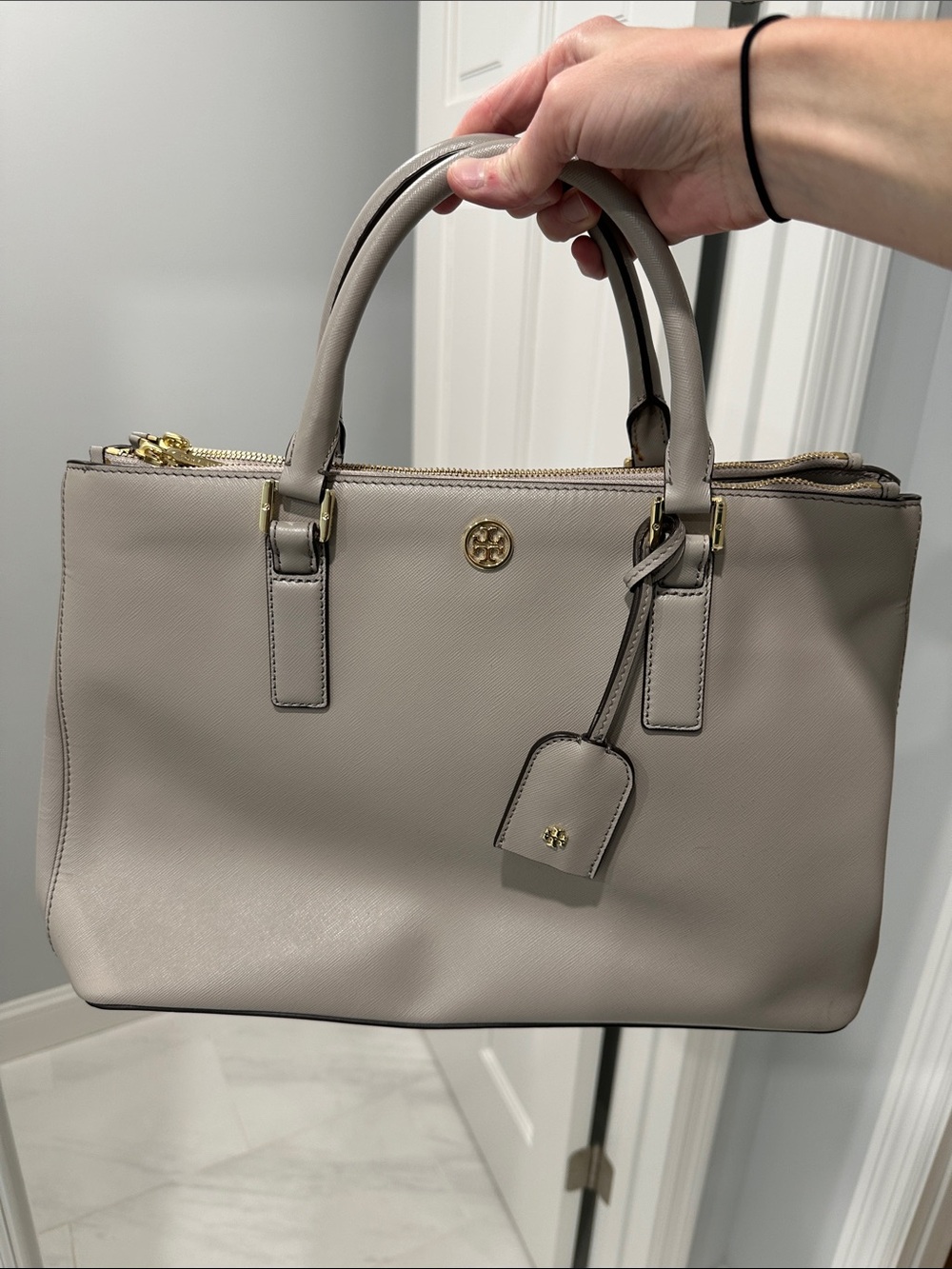 Tory Burch Pebble Leather Satchel in Taupe with Gold Hardware